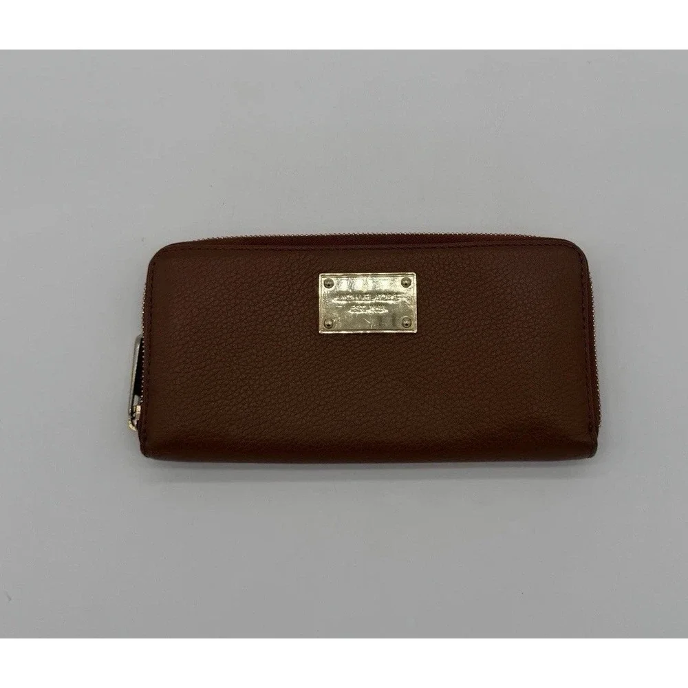 Michael Kors Jet Set Brown Pebbled Leather Zip Around Wallet Gold Logo‎